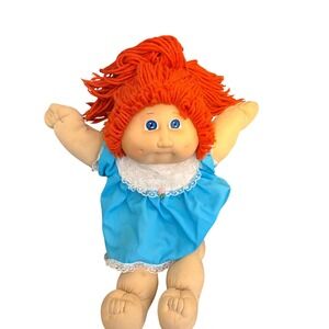 Vintage Cabbage Patch Kids Doll Orange Yarn Hair Blue Eyes Blue Lace Dress 80s